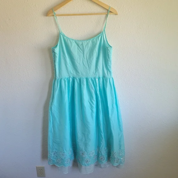 Ann Taylor Loft Sundress Layered Blue Cotton Sequin Embroidered Dress Size 14 - Picture 4 of 5
